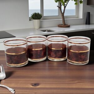 Vintage Culver Lowball Glasses Set of 4 Tortoiseshell 22K Gold Brazilian Brown